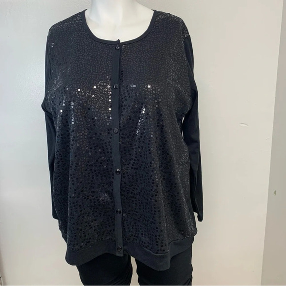 Quacker‎ Factory Top Shirt Woman 2X  Black Sequin Knit Faux Twin Long Sleeve - Picture 2 of 10